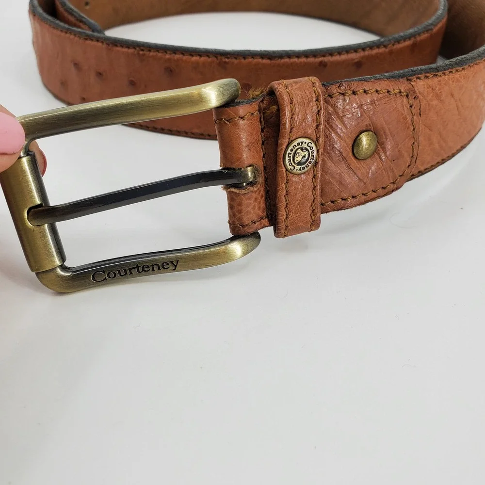 Courteney Men's Ostrich Leather Belt Tan Cognac Brass Buckle Size 42 Safari